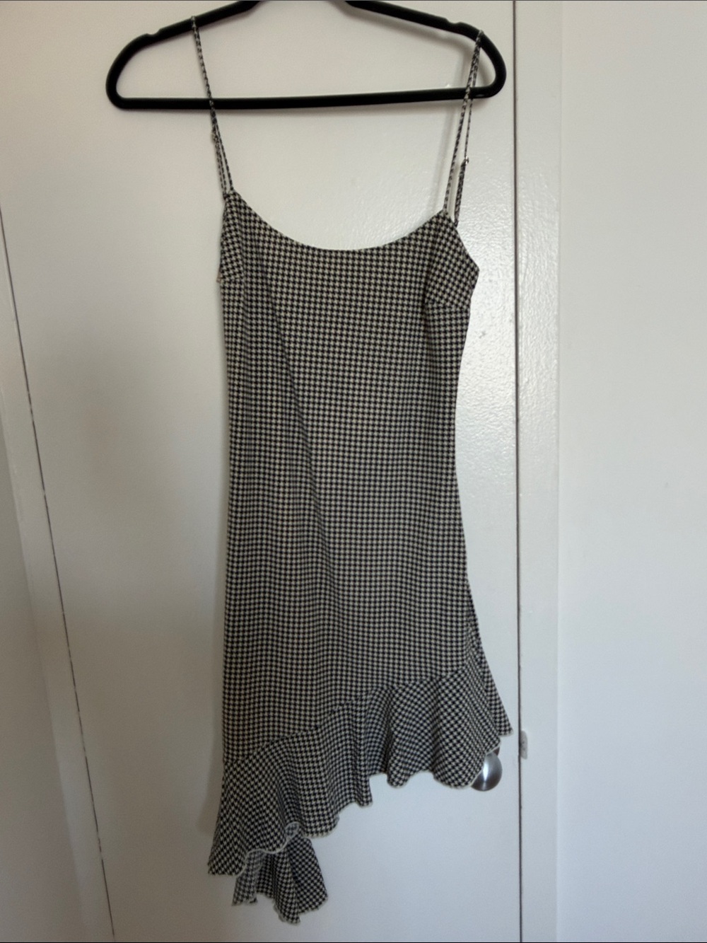 Abercrombie & Fitch Black and White Houndstooth Slip Dress with Ruffle Hem